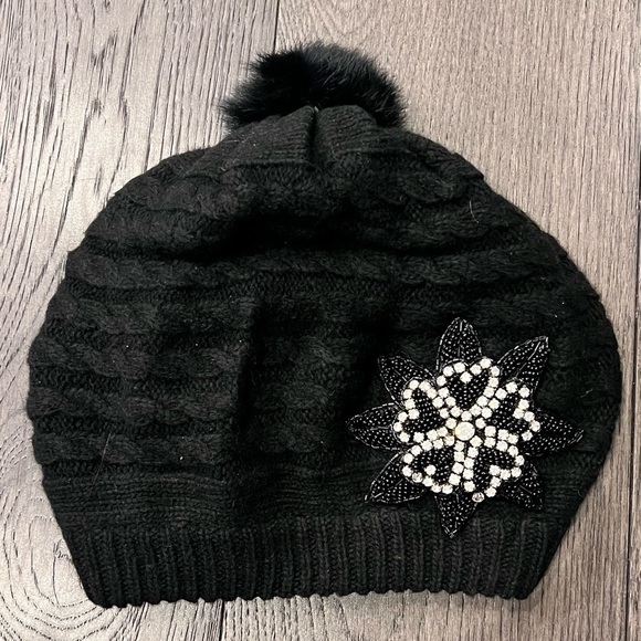 Black Pom Pom Knit Beret Hat with Rhinestone Snowflake Detail
